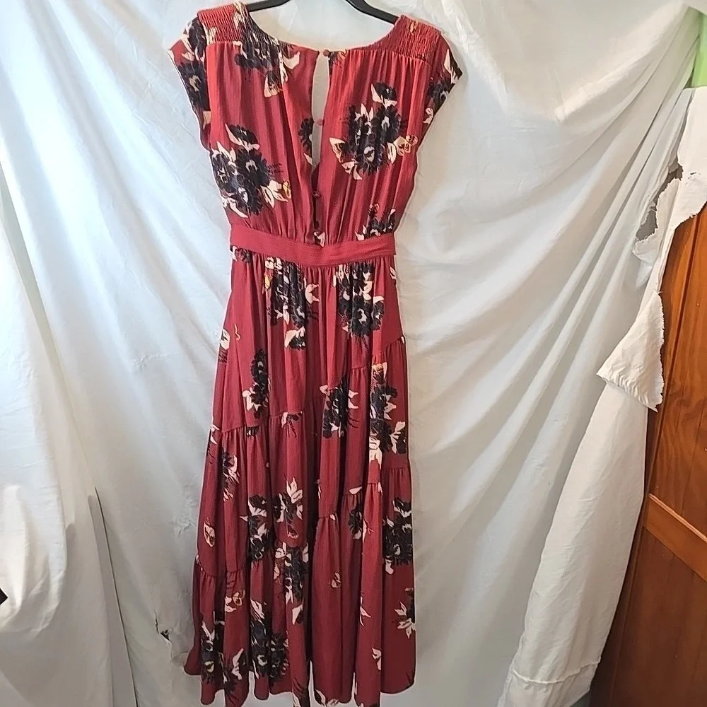 Free People All I Got Tiered Maxi Dress Size 0 Rust Butterfly Floral Front‎ Tie